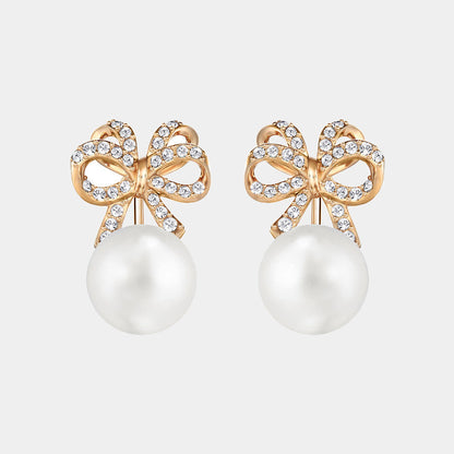 GOLD TONE BOW PEARL DROP EARRINGS FOR WOMEN