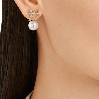 GOLD TONE BOW PEARL DROP EARRINGS FOR WOMEN